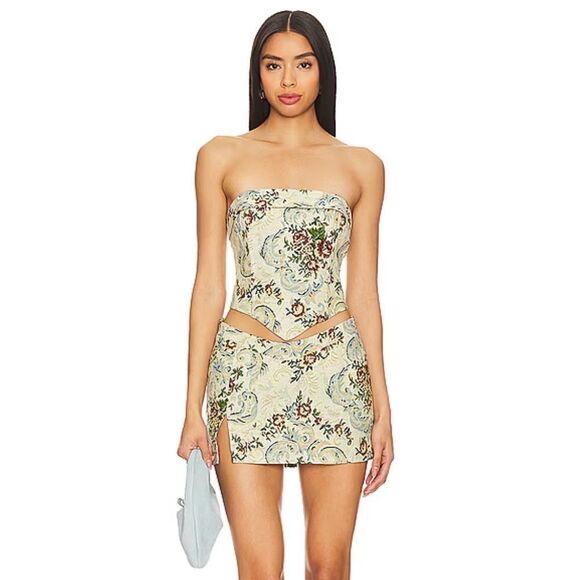More To Come Doer Set brocade floral two piece mini skirt bustier top Revolve L - Picture 1 of 15